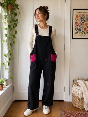 NWOT Black Linen/Cotton Overalls with Flowers and Pink Pocket Accents - Women's